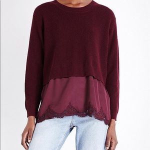 Sandro Maroon Crewneck Satin Layered Aiela Sweater